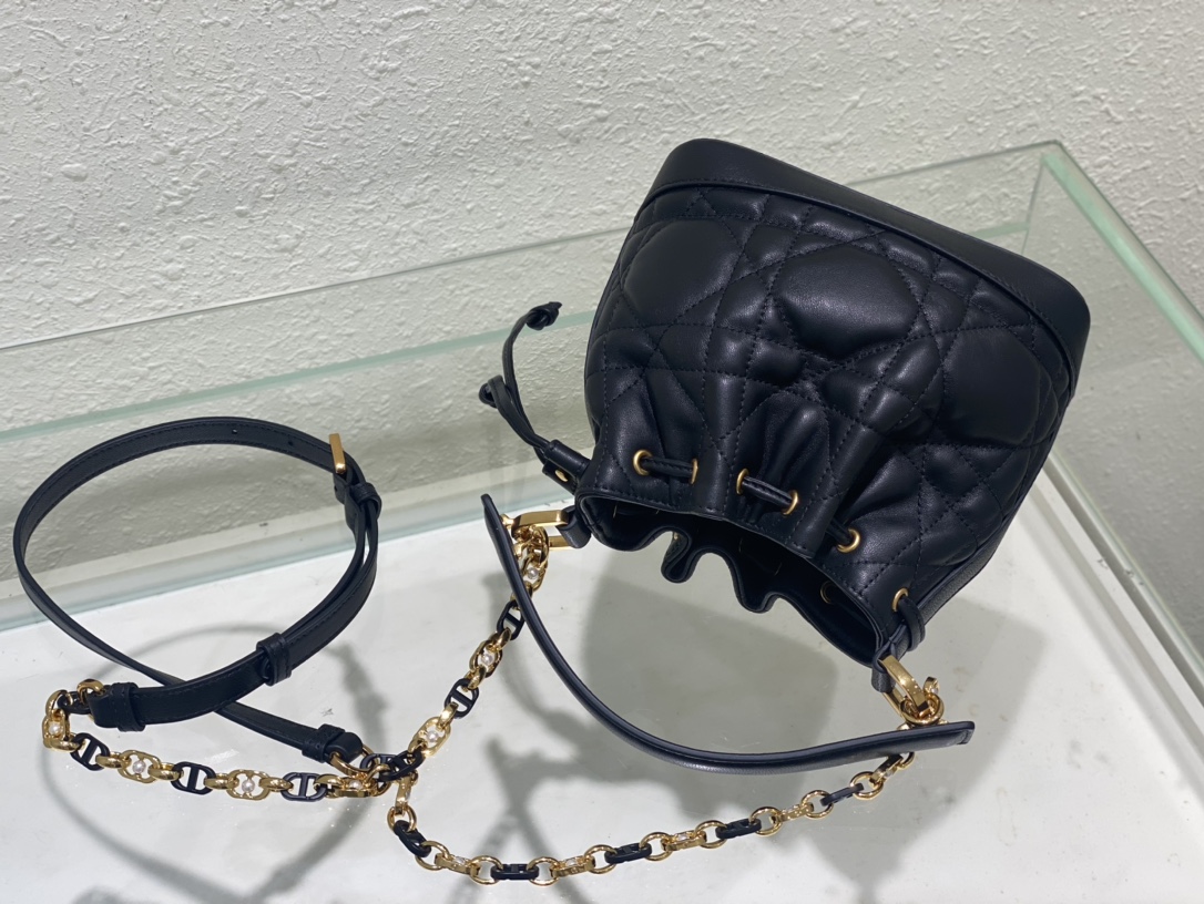 Small Dior Jolie Bucket Bag Black Macrocannage Lambskin and Calfskin